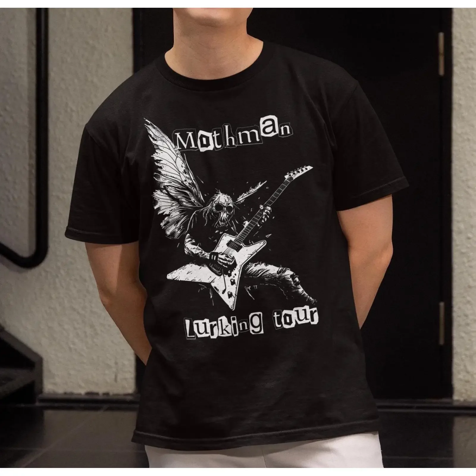 Mothman Lurking Tour T Shirt Cryptid Guitar Player vintage Washed Unisex streetwear Comfortable Stylish Versatile homme