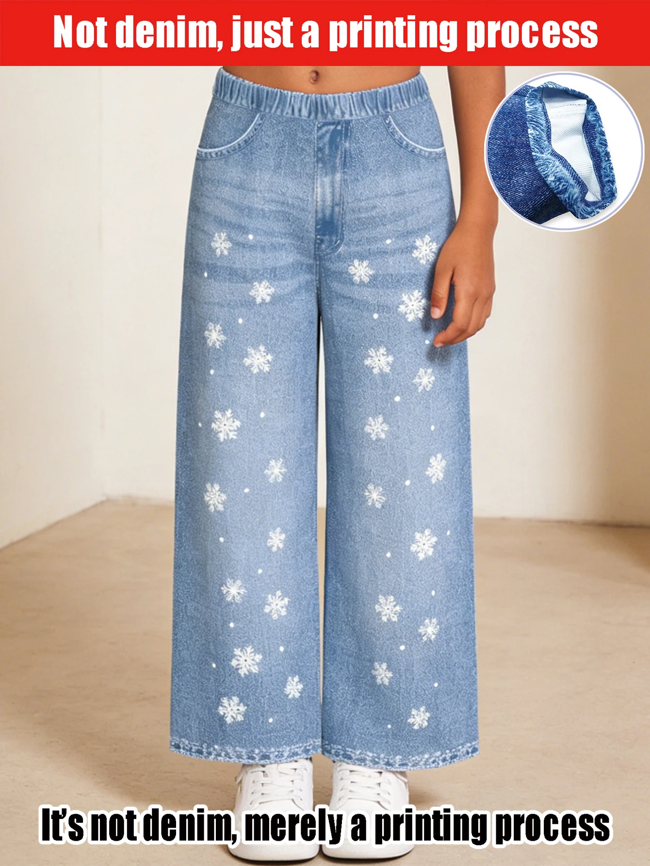 

2026 children's white snowflake print light blue imitation jeans