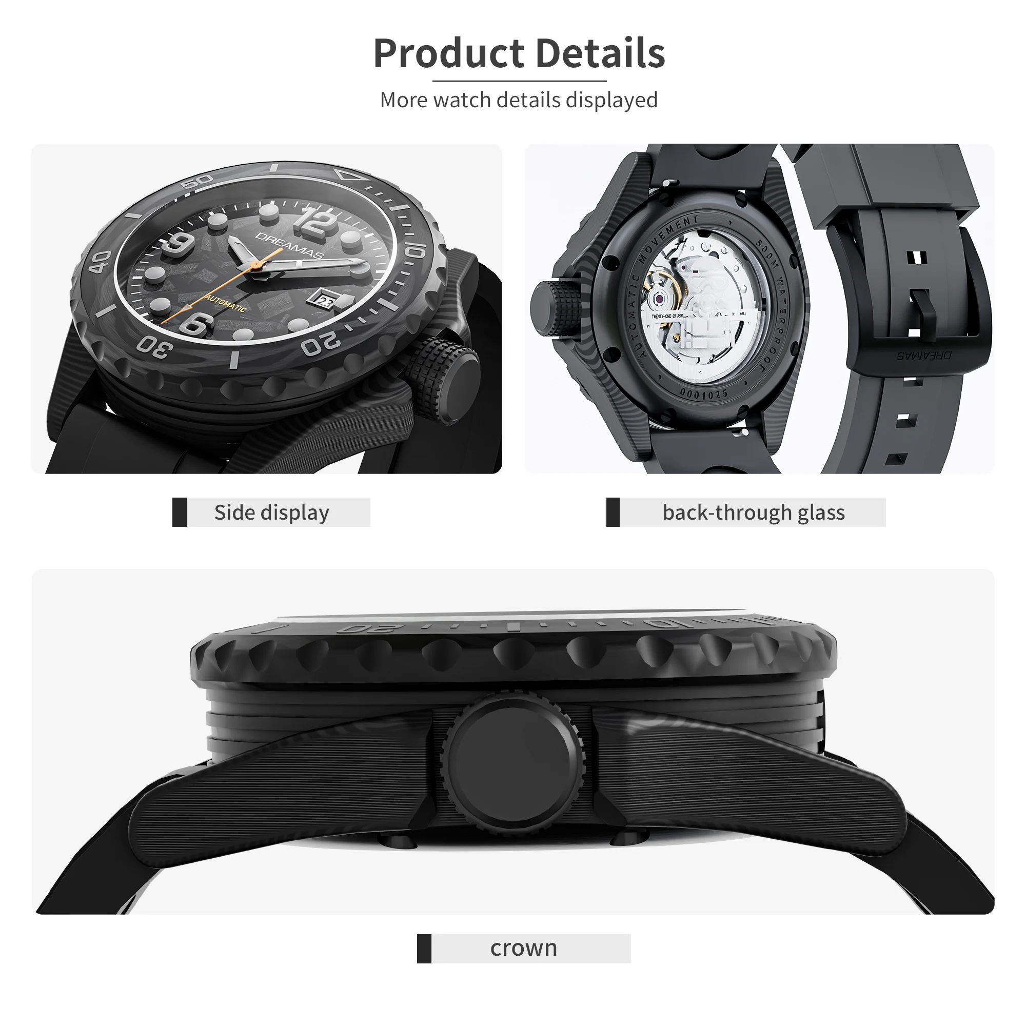 DREAMAS Men's Carbon Fiber Automatic Mechanical Diving Watch 500m Waterproof Swiss 3D Luminous Sport Wristwatch