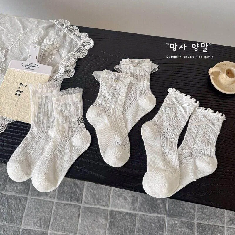 Girls Summer Thin Breathable Mesh Ballet Style Socks with Princess Shoes Children's Lace Trim Socks for Skirts Kids Innerwear