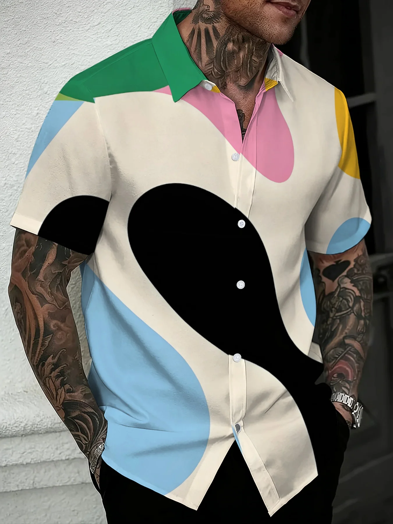 Summer Bright Abstract Color Block Men Short Sleeve Shirt Lightweight Multicolor Graphic Holiday Beach Casual Shirts