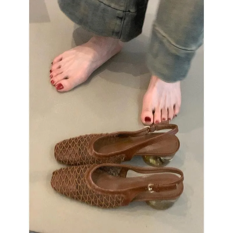 

Mesh Women Heeled Sandals Designer Mid Heels Shoes Woman Solid Color Fashion Summer New Elegant Walking Sandalias De Mujer