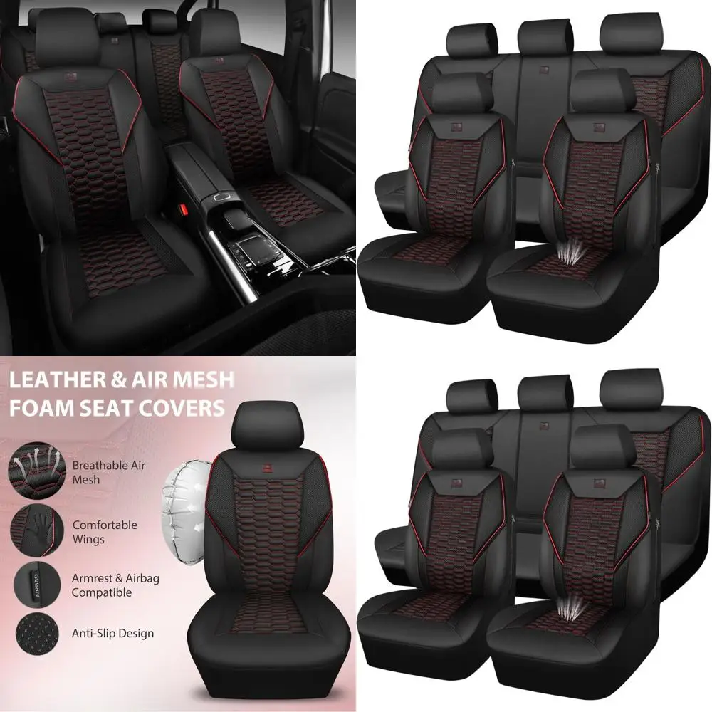 

Breathable Mesh Faux Leather Car Seat Covers Full Set - Universal Fit, Airbag Compatible, Black and Red for SUV, Truck, Sedan