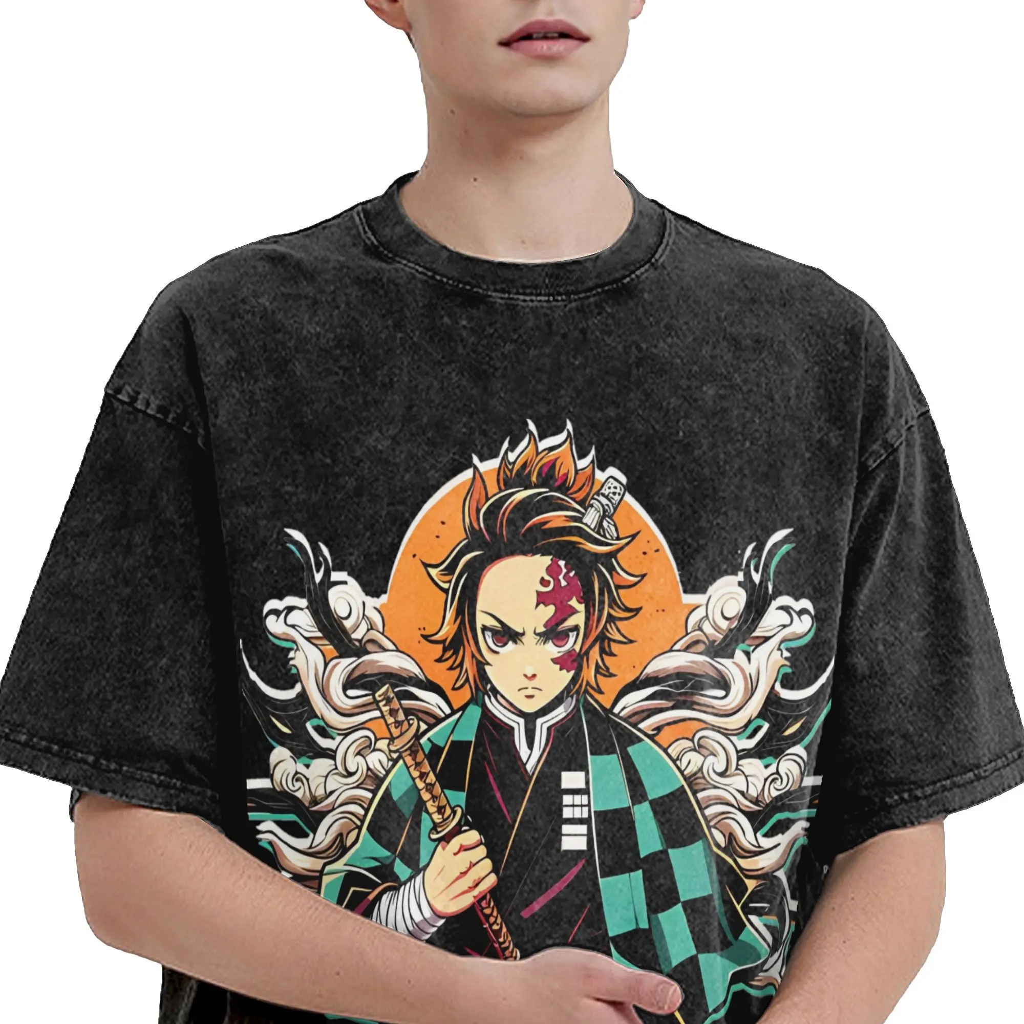 Washed T Shirt Kamado Tanjiro Anime T-Shirts High Street Demon Slayer Streetwear 100% Cotton Printed Tops Tees for Men Women