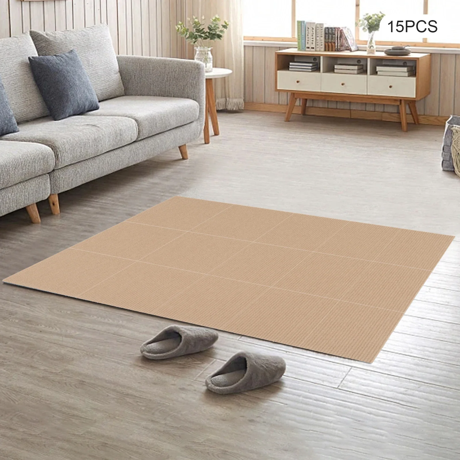 15PCS Khaki Self-adhesive Splicing Carpet,24X24in Peel and Stick Carpet Tiles,Commercial & Home IXPE Mute Pad Flooring Accessory