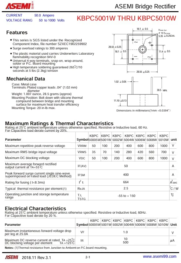 2ชิ้นตัวเรียงกระแสไดโอดแบบบริดจ์ KBPC5010W 35A 1000V asemi