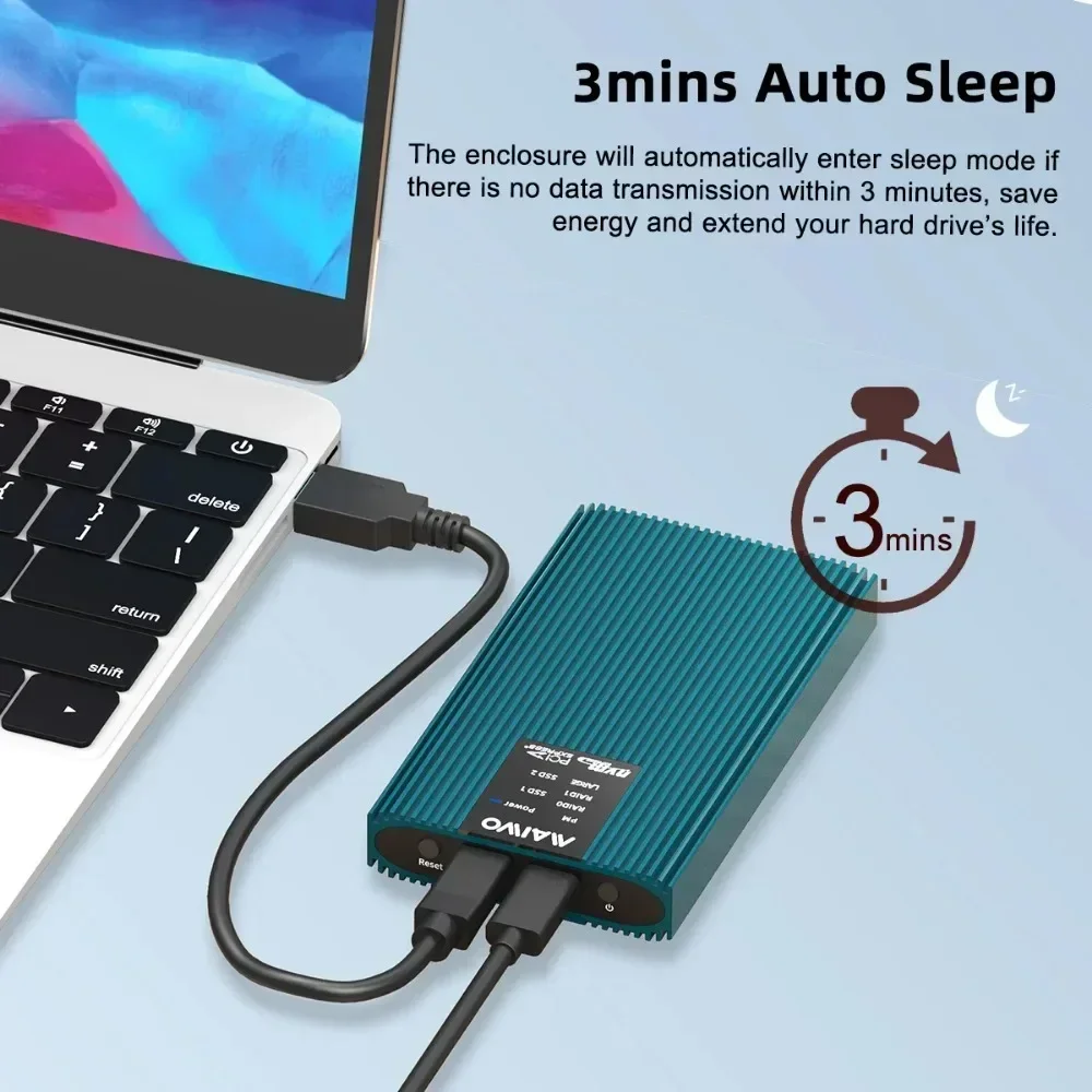 MAIWO Dual Bay Enclosure untuk M.2 NVMe PCIe SSD Enclosure dengan RAID0/1/PM/JBOD USB 3.2 Gen2x2 Type-C 20Gbps Kecepatan Kapasitas 16TB