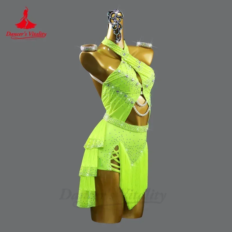 Latin Dancer Tassel Dress for Women Custom Full Stones Rumba Chacha Tango Performance Costume Skirt Adult Child Latin Dresses