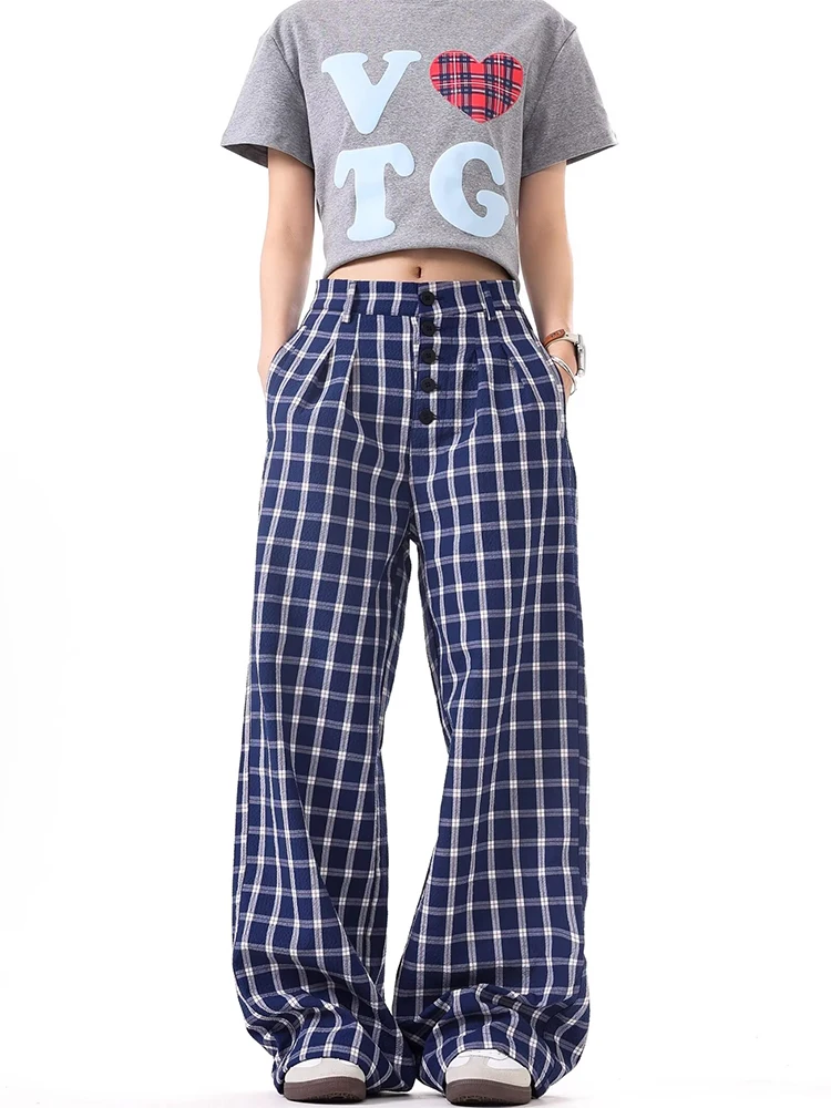 Women Blue Plaid Pants Vintage Y2k Harajuku Aesthetic Baggy Pants Japanese 2000s Style High Waist Trousers 2000s Trashy Clothes