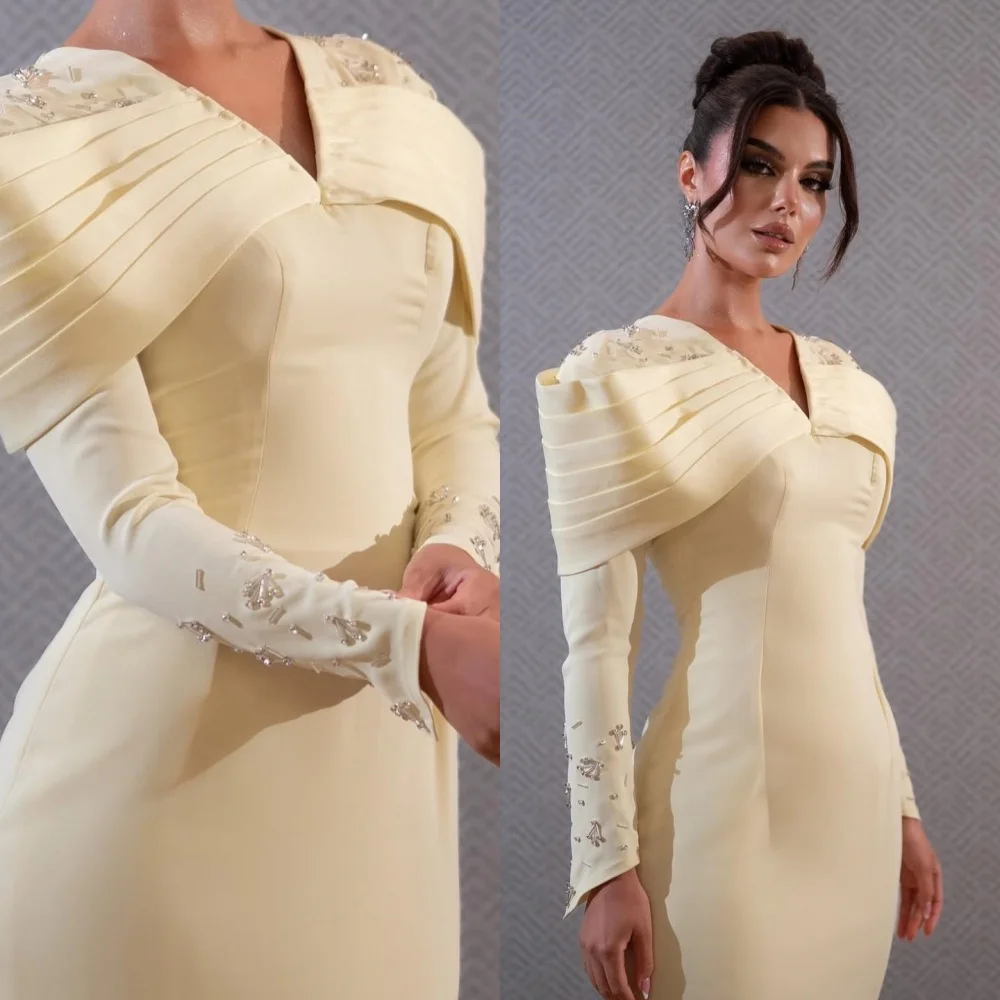 

Customized Exquisite V-Neck Long Sleeves Evening Dress High Quality Jersey Prom Dresses Delicate Crystal Bridal Party Gowns
