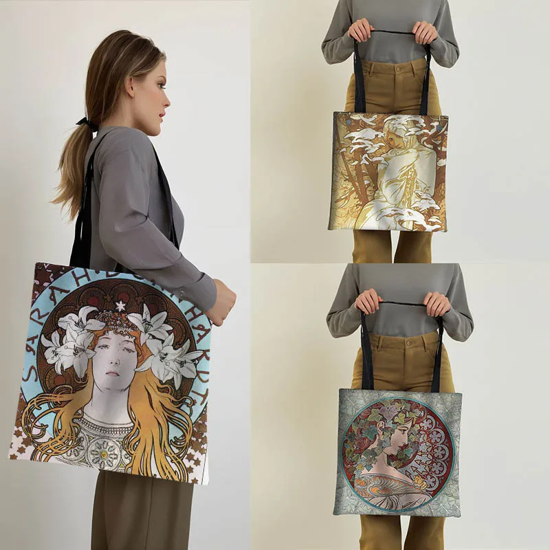 Alfons Maria Mucha Print Handbag Alphonse Beauty Woman Causal Totes Oil Painting Elegant Ladies Reusable Storage Shopping Bags