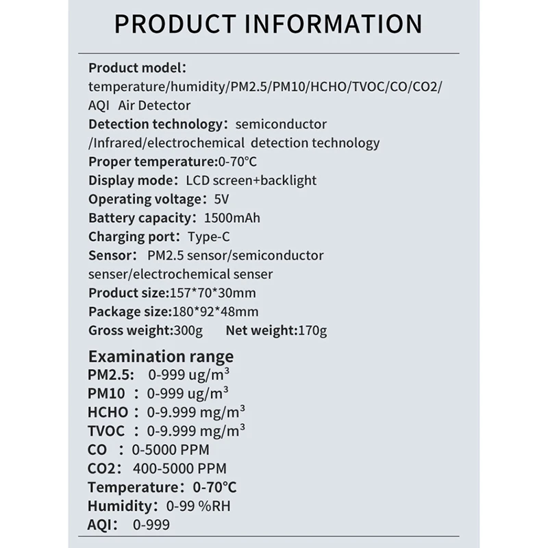 1 Piece 9 In 1 Air Quality Monitor High Precision PM2.5 PM10 HCHO TVOC CO CO2 AQI Temperature Humidity Meter (White)