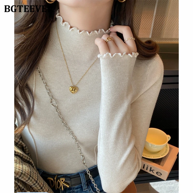 

BGTEEVER Chic Elegant Slim Women Basic Pullovers Sweaters Autumn Winter Half High Collar Long Sleeve Female Thicken Knitted Tops