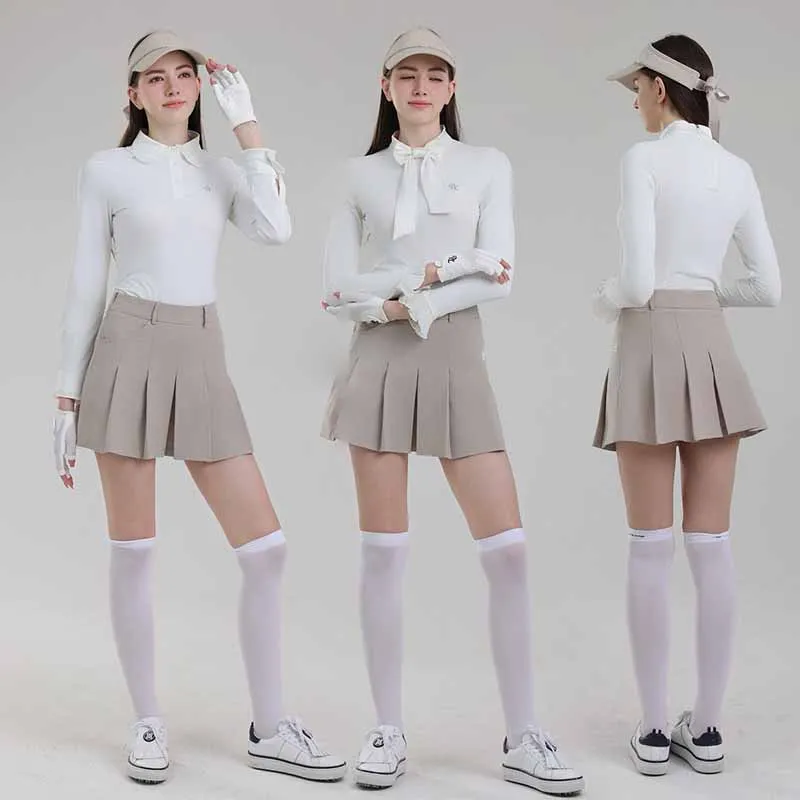 PL Retro Golf Clothing Women Long Sleeve Bow Polo Shirts Ruffle Flared Elegant Tops Ladies Pleated Tennis Skirt Slim Golf Skorts