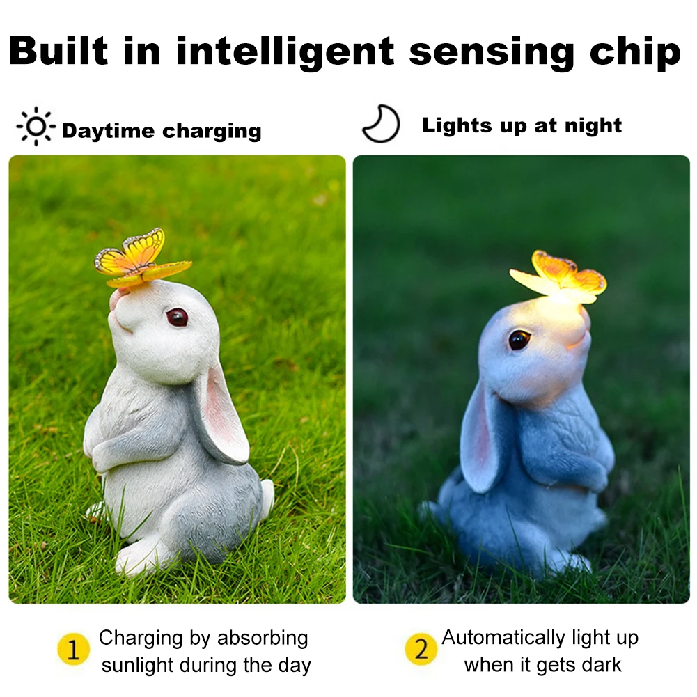태양광 토끼 조명 버터플라이 장식 방수 토끼 조각 조명 레진 만화 파티오 잔디 마당용