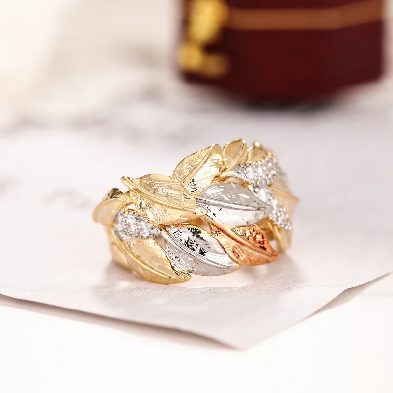 CAOSHI Newly Designed Three Tone Finger Rings for Women Aesthetic Engagement Wedding Accessories Leaf Shape Female Jewelry Gifts