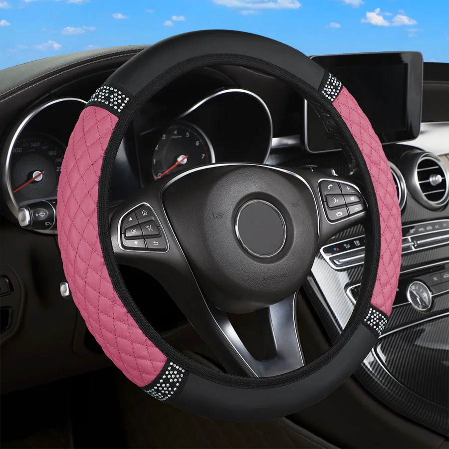 Universeller Auto-Lenkradbezug 37-38cm Leder Bestickt Farbig Diamantbesetzt Elastisch Vier Jahreszeiten Lenkradbezug