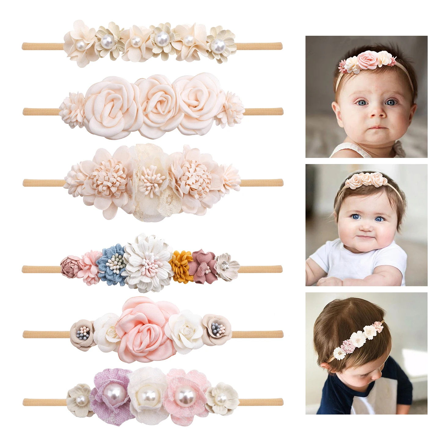 Diadema elástica de nailon para niña recién nacida, banda para el pelo de flores para niños pequeños, diademas suaves, accesorios para el cabello