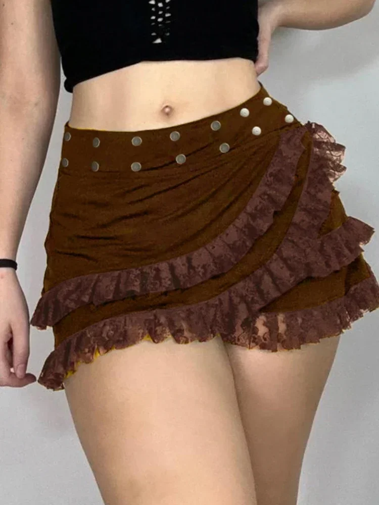 2024 New Vintage Cottagecore Skirt Women Streetwear Pastel Y2k Retro Gothic Lace Patchwork Rivets High Wais Aesthetic Rave Skirt