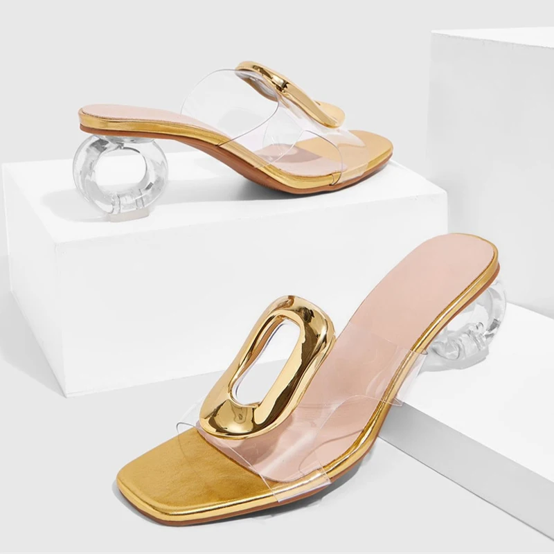 

Liyke модные дизайнерские шлепанцы из металла с открытыми отверстиями, женские прозрачные шлепанцы с квадратным носком, странные прозрачные туфли-лодочки на высоком каблуке, сандалии
