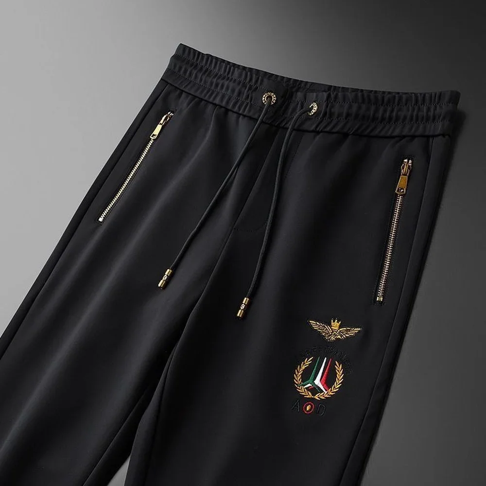 Spring Mens Fashion Black Pants, Embroidered Casual Sweatpants, Lace-up Men\'s Trousers, Metal Zipper Pockets Streetwear Joggers