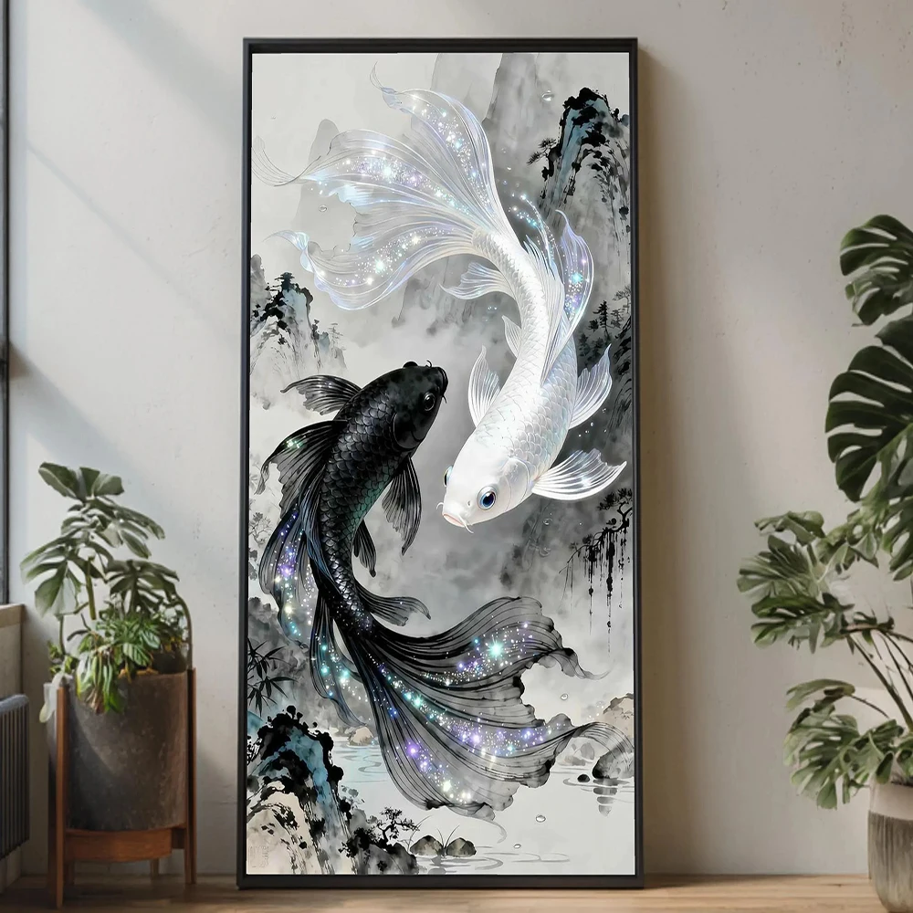 2d Flat Yin Yang koi fish canvas wall art, black and white koi painting, spiritual Asian interior, canvas feng shui fish, home l