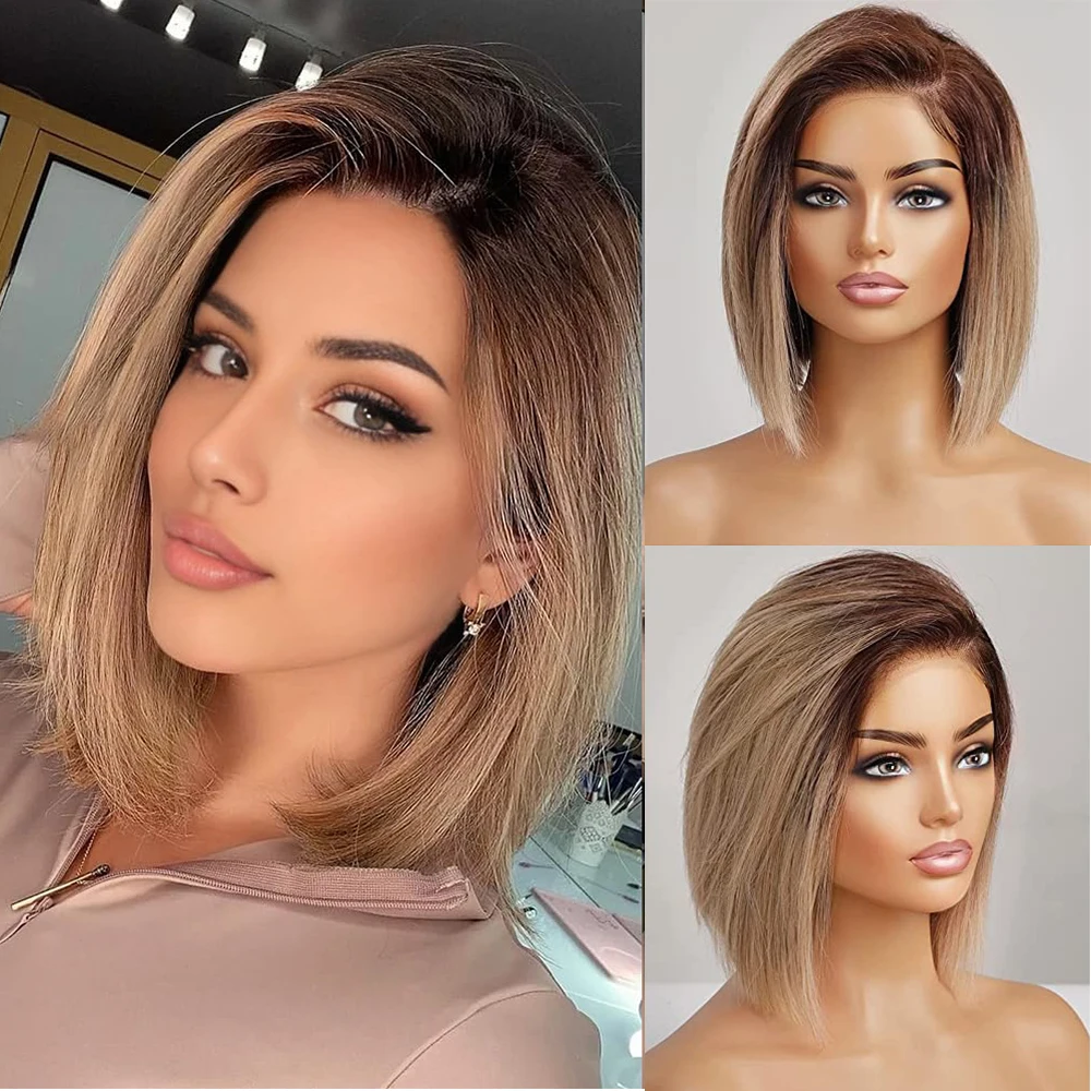 Side Part Lace Frontal Bob Wigs 100% Remy Human Hair Wig Straight 12inches Transparent Lace Wigs for White Women Daily Party Use