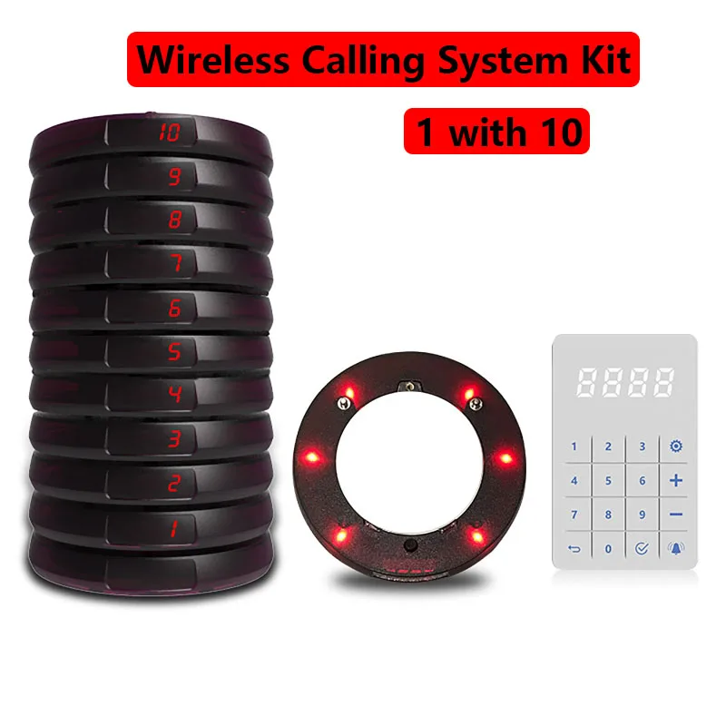1 with 10 Round Wireless Calling System Vibrators Paging Device Restaurant Meal Picker Set Queuing Number Calling Device