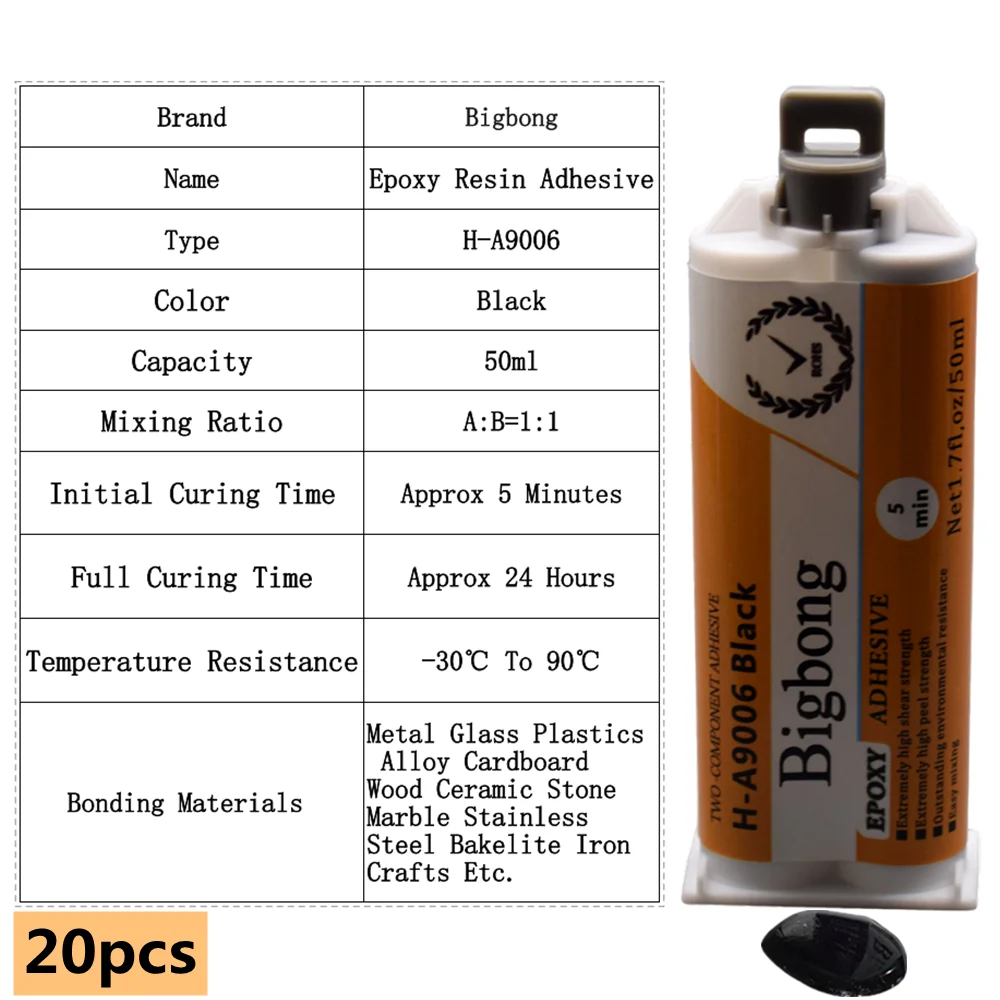 20 Stück 50ml Epoxidharz Starke Klebstoffe 1:1 Schwarze AB-Klebstoffe 5 Minuten Bigbong Dichtmasse Zweikomponenten-Strukturklebstoff-Set – Detail 1