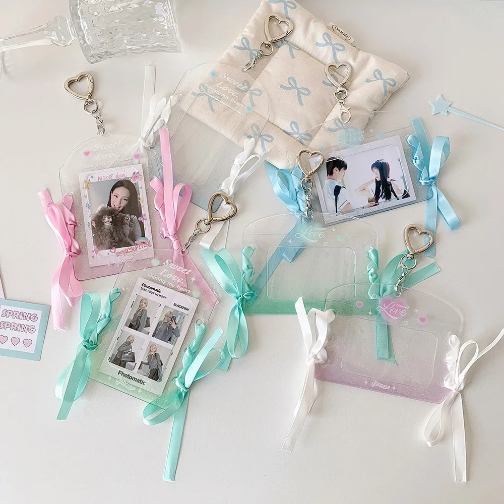 With Keychain DIY Ribbon Photocard Holder PVC Card Cover Hanging Decoration Idol Card Display Protector Korean Style