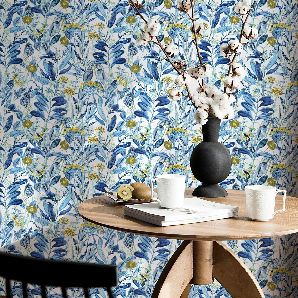 Blue Leaves Fresh Vinyl Wallpaper Chic Summer Peel And Stick PVC Wall Decal Waterproof Kitchen Bathroom Wall Decoration