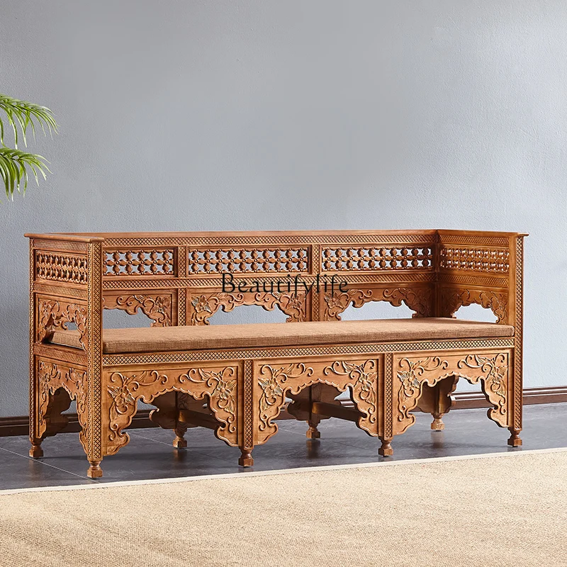 White wax wood carving simple living room couch, Thai massage shop tea room three-person sofa