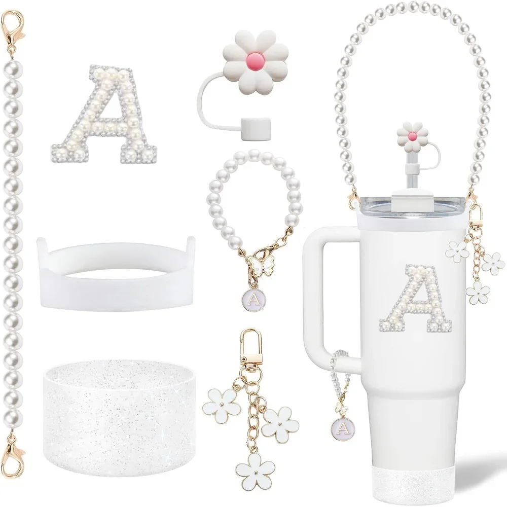 

7pcs Tumbler Accessory Set for Stanley 30oz/40oz Cups, Zinc Alloy & Silicone, Pearl Handle Strap, Initial Sticker Straw Topper
