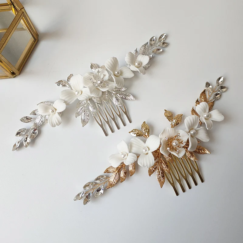 Porcelain Flower Leaf Headdress Wedding Bridal Hair Comb Jewelry Ceramic Accessories