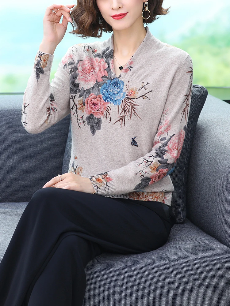 Floral Print Women\'s Sweaters Autumn Korean Style Women Clothing Pullover Long Sleeve Top Femme Soft V Neck Knitted Sweater