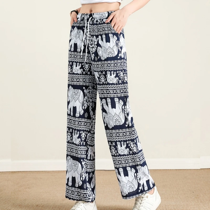 Summer Palazzo Pants with Pockets for Women Drawstring High Waisted Wide Leg Bohemian Elephant Printed Lounge Trousers