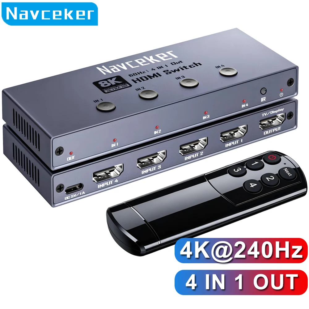 Navceker 8K 60Hz 4K 240Hz HDMI 2.1 Switcher with Remote 5/4 in 1 out Adapter for Xbox PS5 Monitor - HDMI Switch Selector