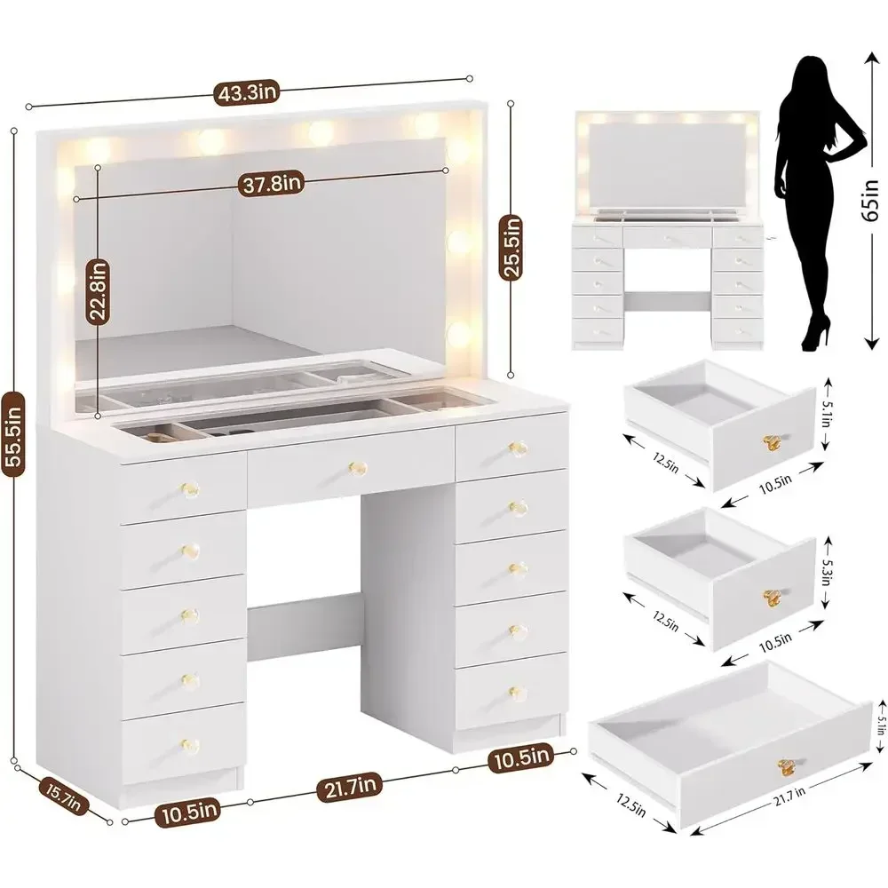Large Mirrored Vanity Desk with 10 LED Lights, Glass Top, 11 Drawers, Crystal Handles, Power Outlet for Men or Women (White)