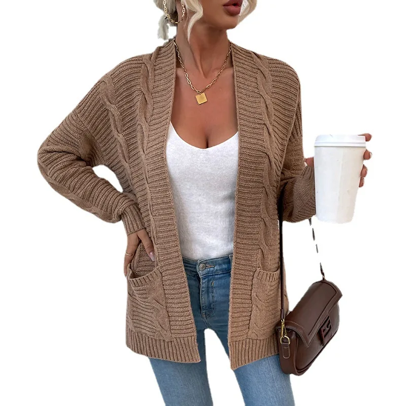 Women Autumn and Winter Fashion New V-Neck Cardigan Sweater Solid Color Pockets Splicing Mid-length Coat