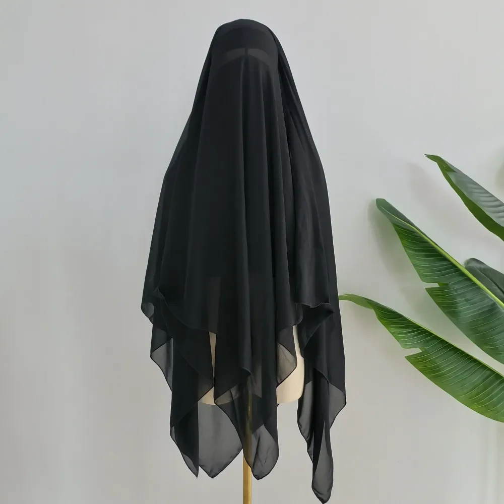 3 Layer Niqab with Nose String Black Premium Lightweight Breathable Chiffon Saudi Islamic Muslim Women Hijab Face Cover Veil