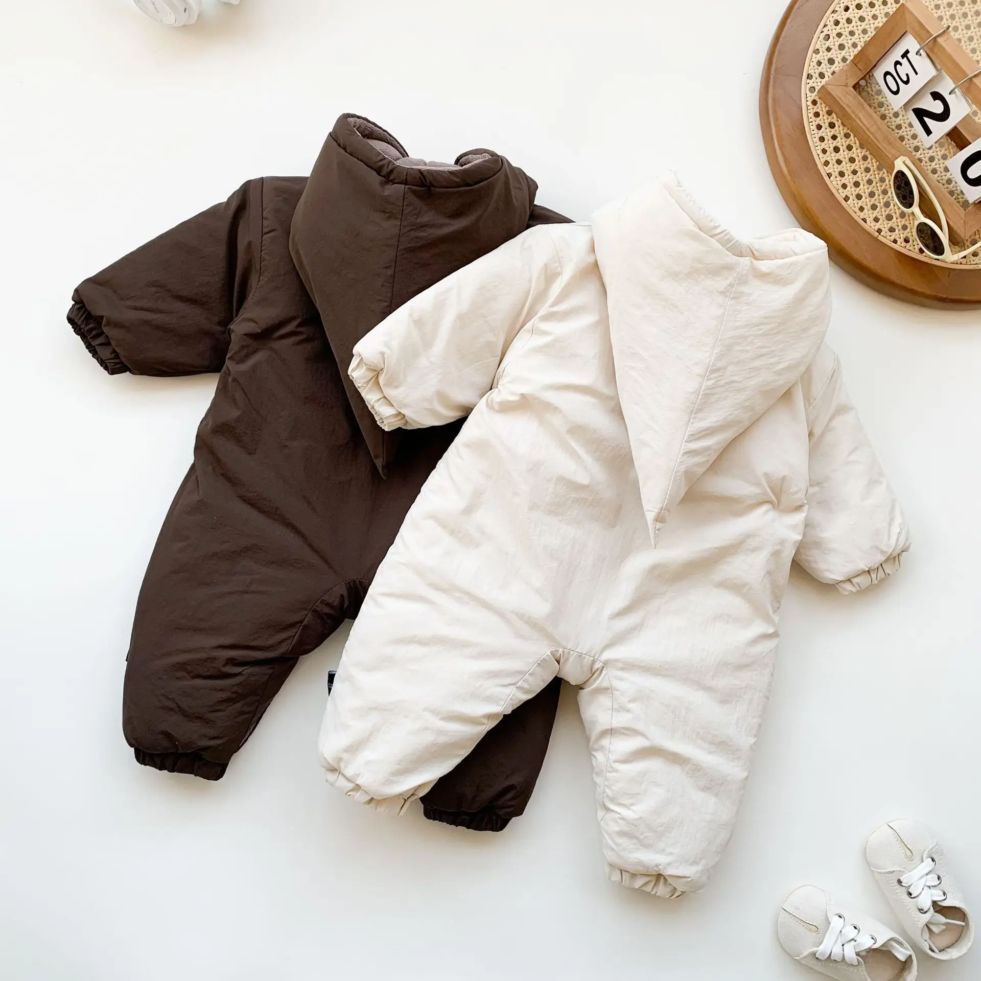 Autumn Early Winter Baby Jumpsuit Warm Infant Cute Elf Hooded Inside Fleece Rompers Newborn Cotton-padded Clothes