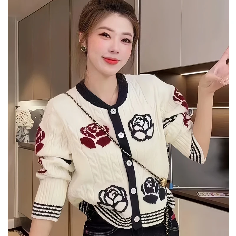 

French Rose Jacquard Knitted Cardigan 2025 Autumn Winter Women's Sweater Round neck Long Sleeve Knitwear