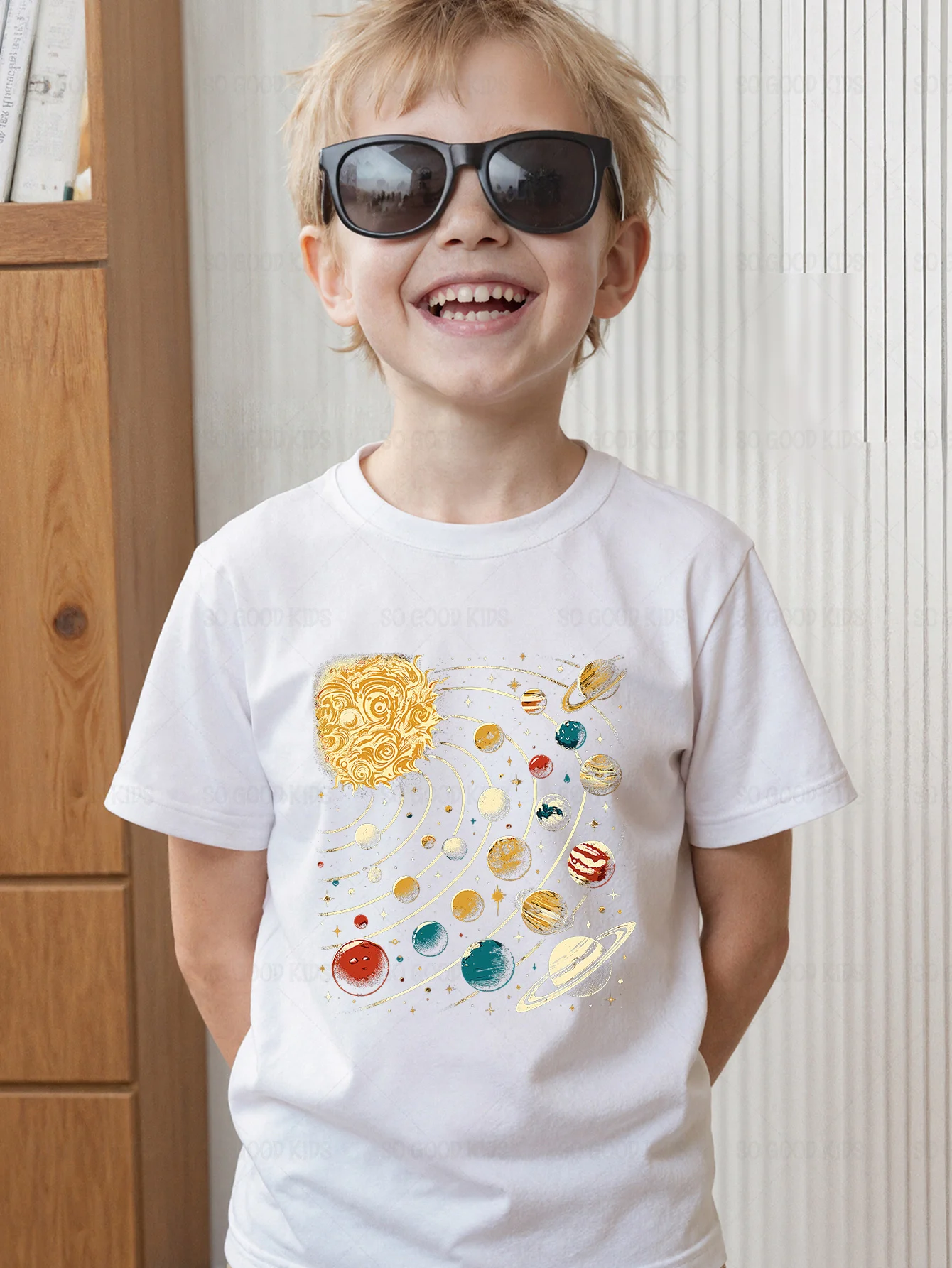 Vintage Solar System Sun And Planets Space Cartoon Graphic Kids T Shirt Boys Girls Family Matching Summer Crew Neck Casual Tee