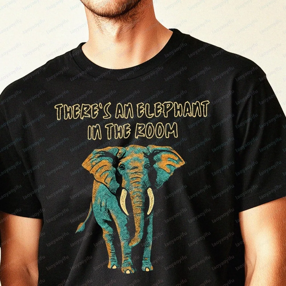 Elephant in The Room Cotton T-Shirt Retro Animal Graphic Tee Vintage Classic Fashion Streetwear Funny Idiom 90s Men's Clothing