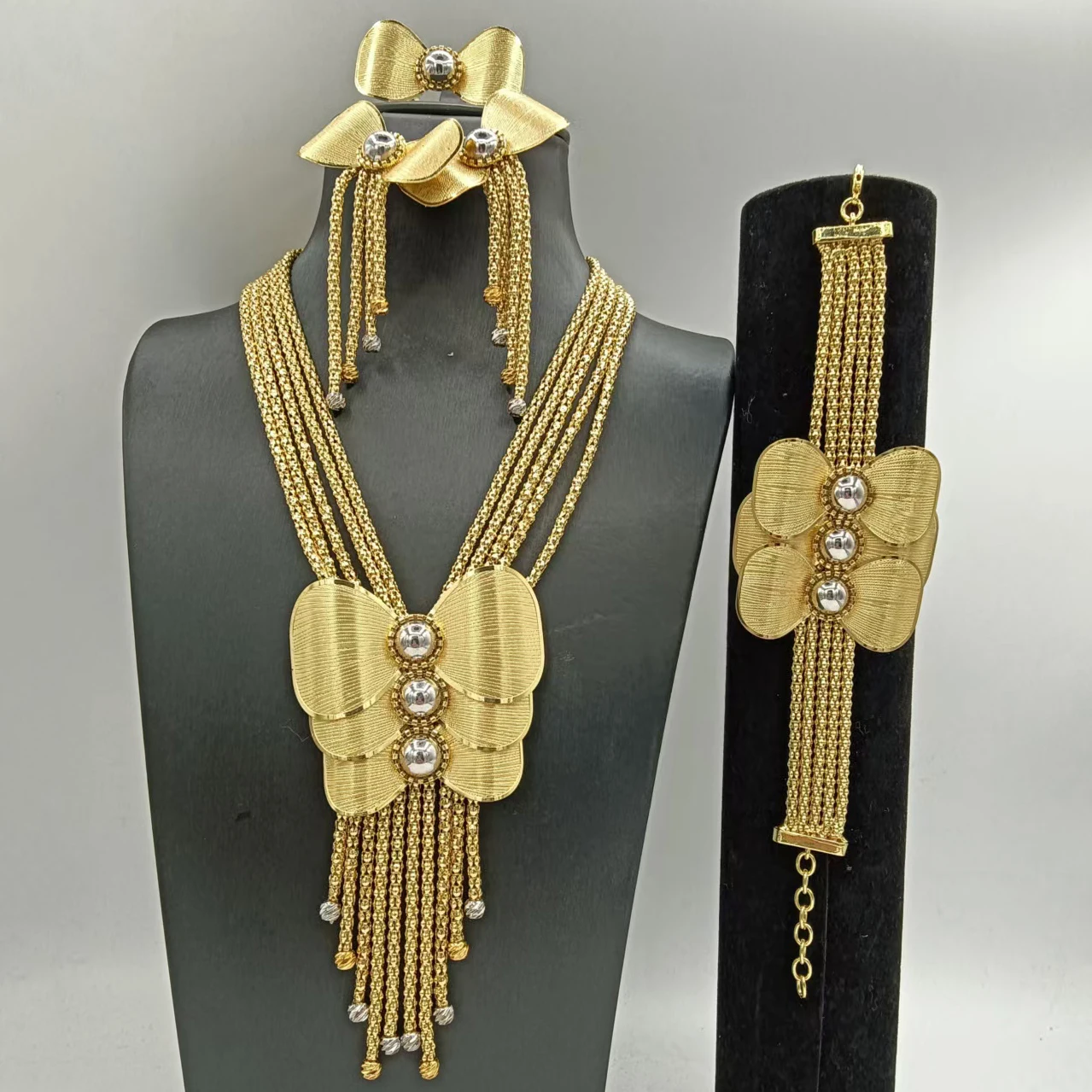 Fancy Three Tone Butter Knot Shape Jewelry Set with Beads Trendy Necklace Bracelet Earrings Ring 4PC Jewellery for Wedding Party