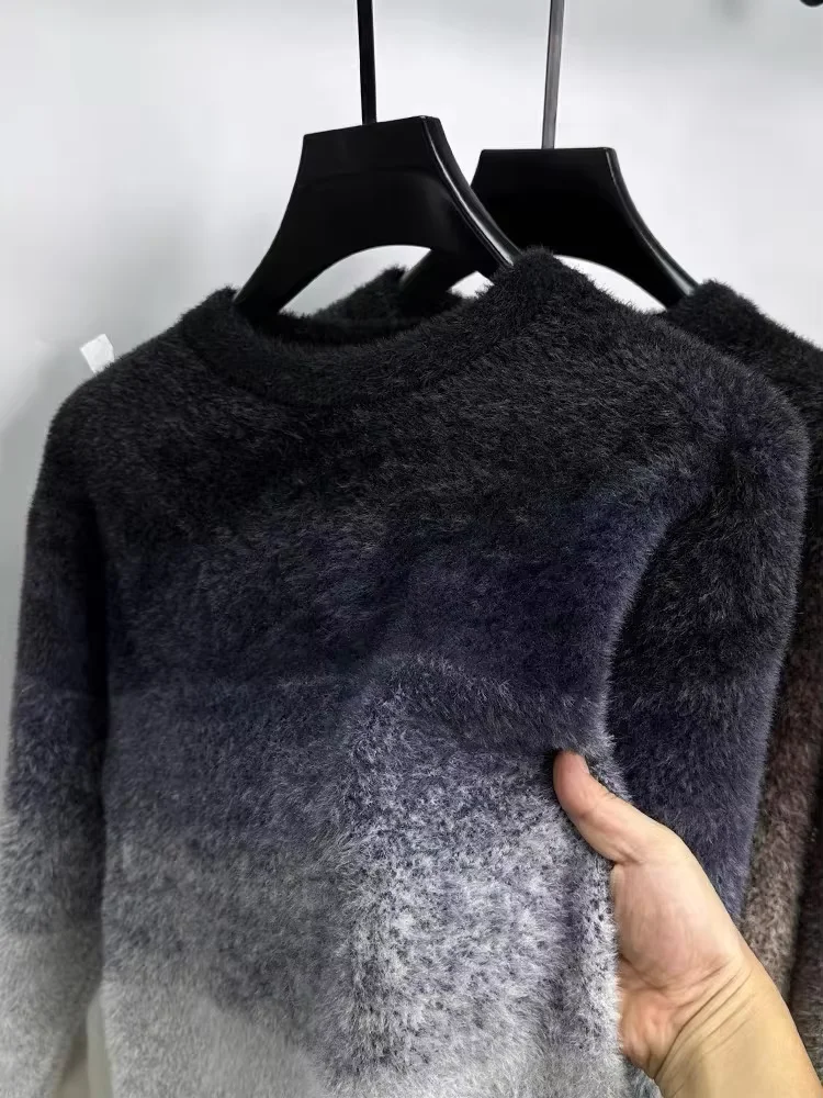 High end fashion gradient color knitted sweater men's autumn and winter new trend Korean casual brand plush thick warm pullover