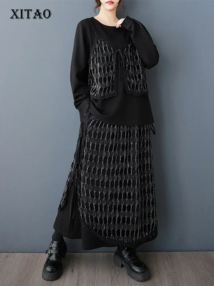 

XITAO Patchwork Mesh Bandage Hollow Out Set O-neck Full Sleeve Loose Fitting A-line Fashion Autumn Women Dress Set GMM1335