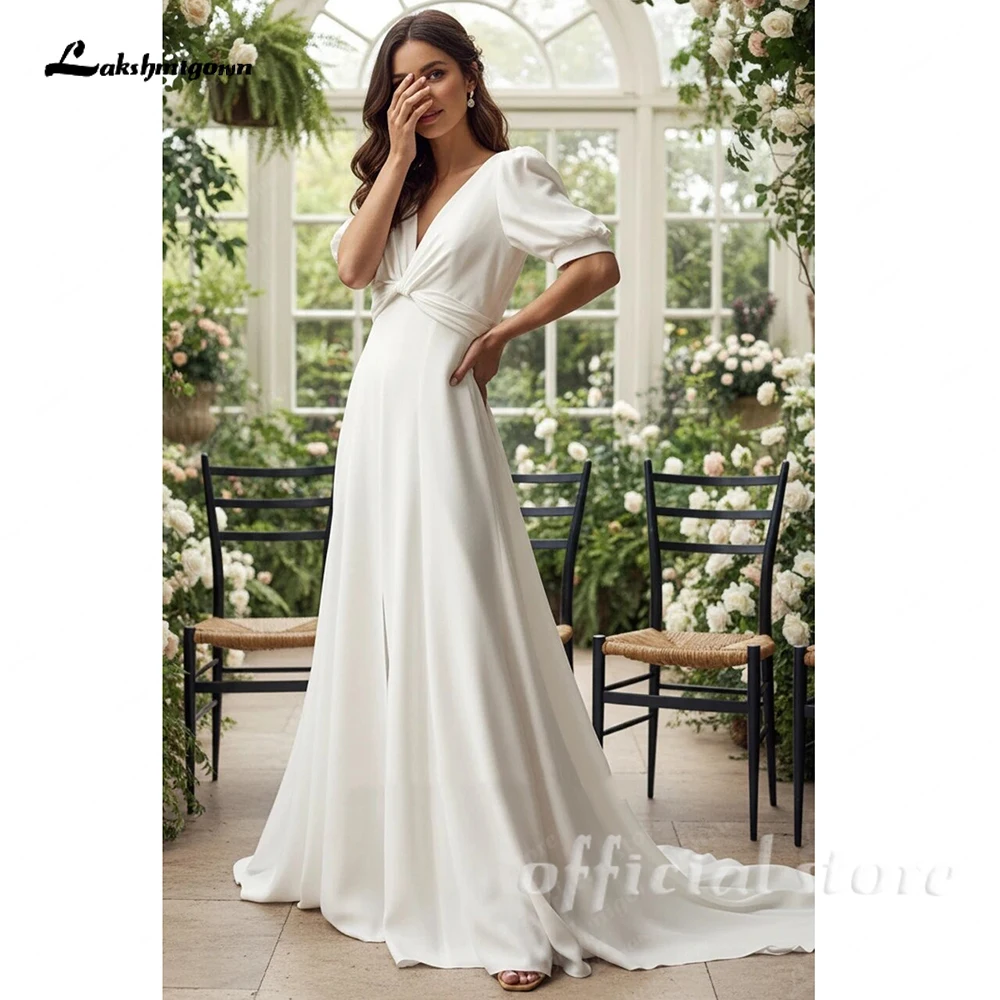 Lakshmigown Minimalistisches V-Ausschnitt-Kleid mit kurzen Puffärmeln, Boho-Schlitz-Brautkleid, zivile Damen-Hochzeitskleider, maßgeschneidert – Detail 5