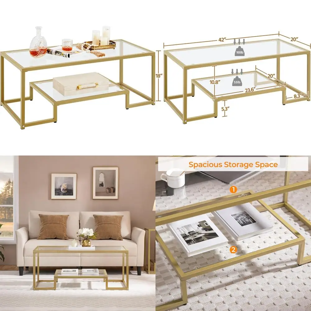 

Прямоугольный стеклянный журнальный столик, 2-уровневый центральный чайный столик для гостиной 42 дюйма с металлическим каркасом