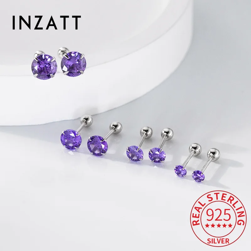

INZATT Real 925 Sterling Silver Round Zircon Bead Screw Mini Stud Earrings for Women Classic Fine Jewelry Minimalist Accessory
